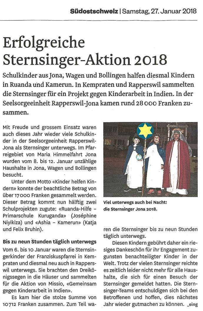 Südostschweiz Sternsinger-Aktion 2018